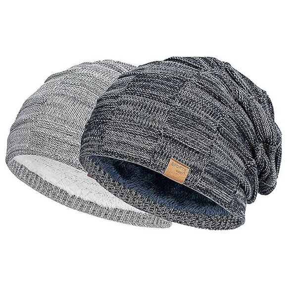 2 Packs Slouchy Beanie for Men Winter Hats for Guys Cool , Light Grey / Navy
